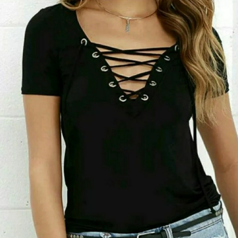 New Black Lace Up V Neck